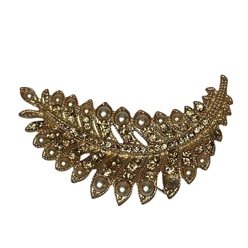 Vintage Unmarked Gold Tone Leaf Brooch Pendant Faux Pearls￼ One Pearl Missing